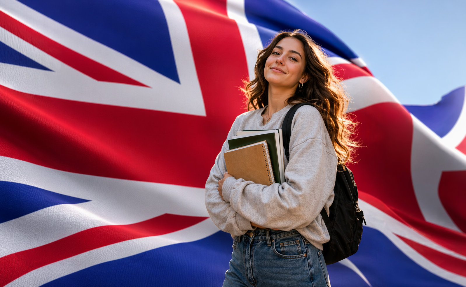 Студентка на фоні прапора Великої Британії